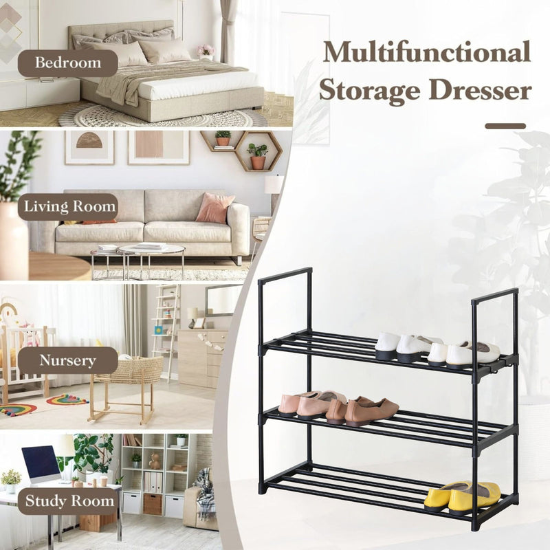 3 Tier Metal Shoe Rack, Steel Storage Organiser, Black - size and scale view