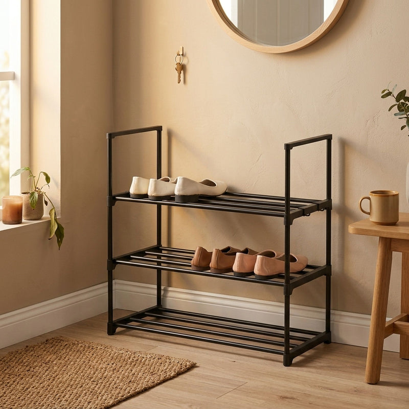 3 Tier Metal Shoe Rack, Steel Storage Organiser, Black - additional product view