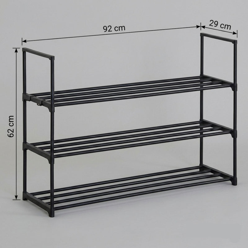 3 Tier Metal Shoe Rack, Free Standing Organiser, Black - detail view