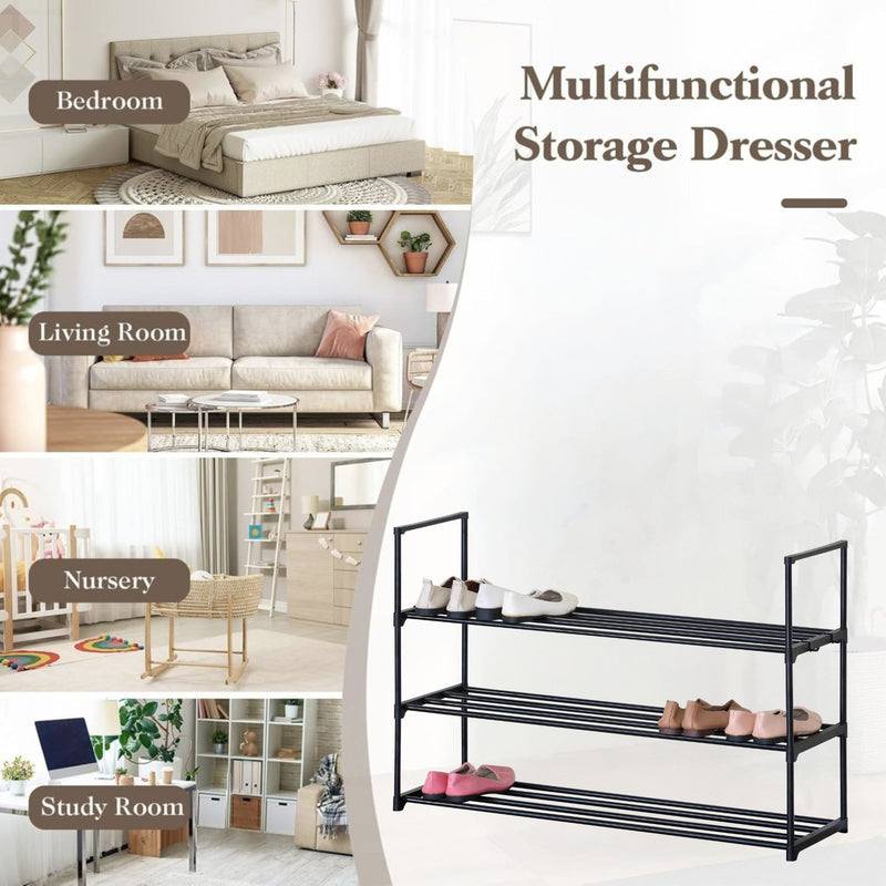 3 Tier Metal Shoe Rack, Free Standing Organiser, Black - size and scale view