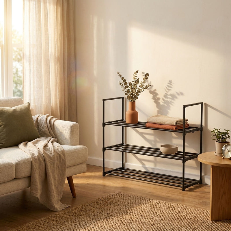 3 Tier Metal Shoe Rack, Free Standing Organiser, Black - additional product view