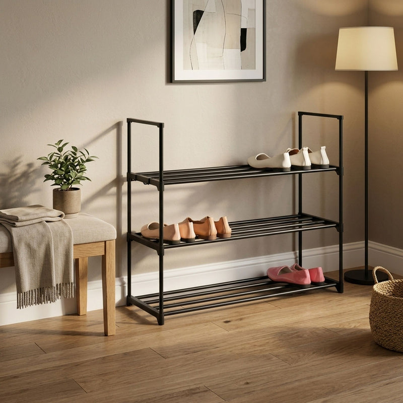 3-Tier Metal Shoe Rack Free Standing Organiser Black