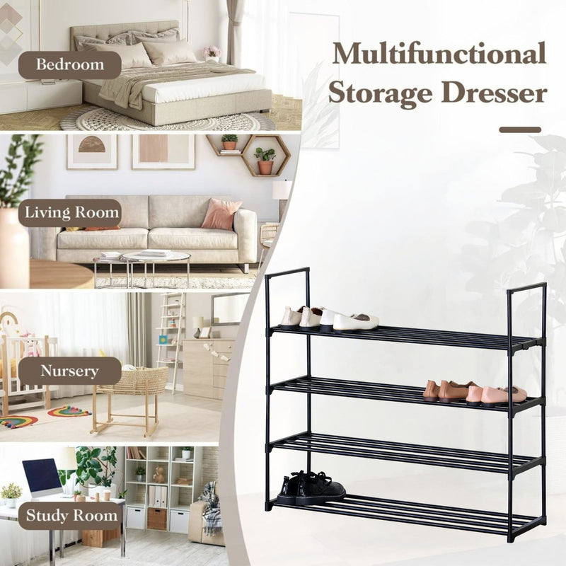 4 Tier Metal Shoe Rack, Steel Storage Shelf, Black - size and scale view