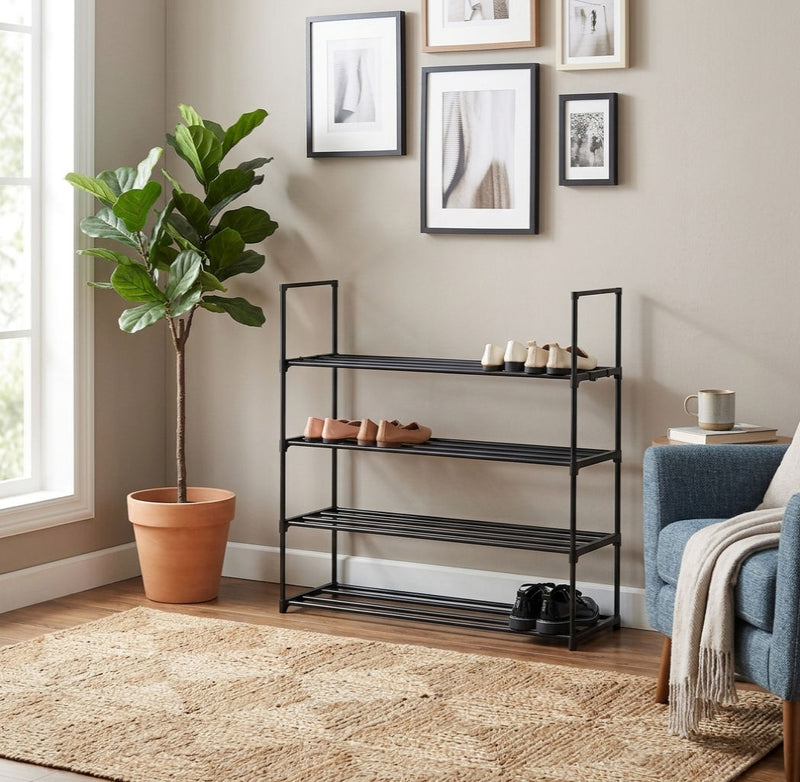 4-Tier Metal Shoe Rack Free Standing Organiser Black