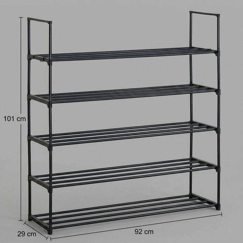 5 Tier Metal Shoe Rack, Free-Standing Organiser, Black - detail view