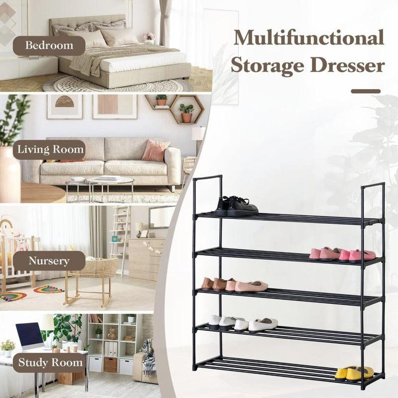 5 Tier Metal Shoe Rack, Free-Standing Organiser, Black - size and scale view