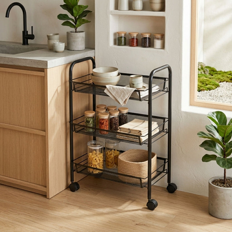 3 Tier Rolling Kitchen Trolley Cart, Metal Mesh, Black - alternate angle