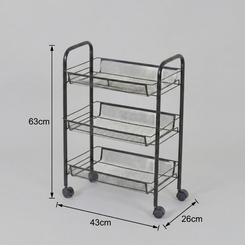 3 Tier Rolling Kitchen Trolley Cart, Metal Mesh, Black - detail view