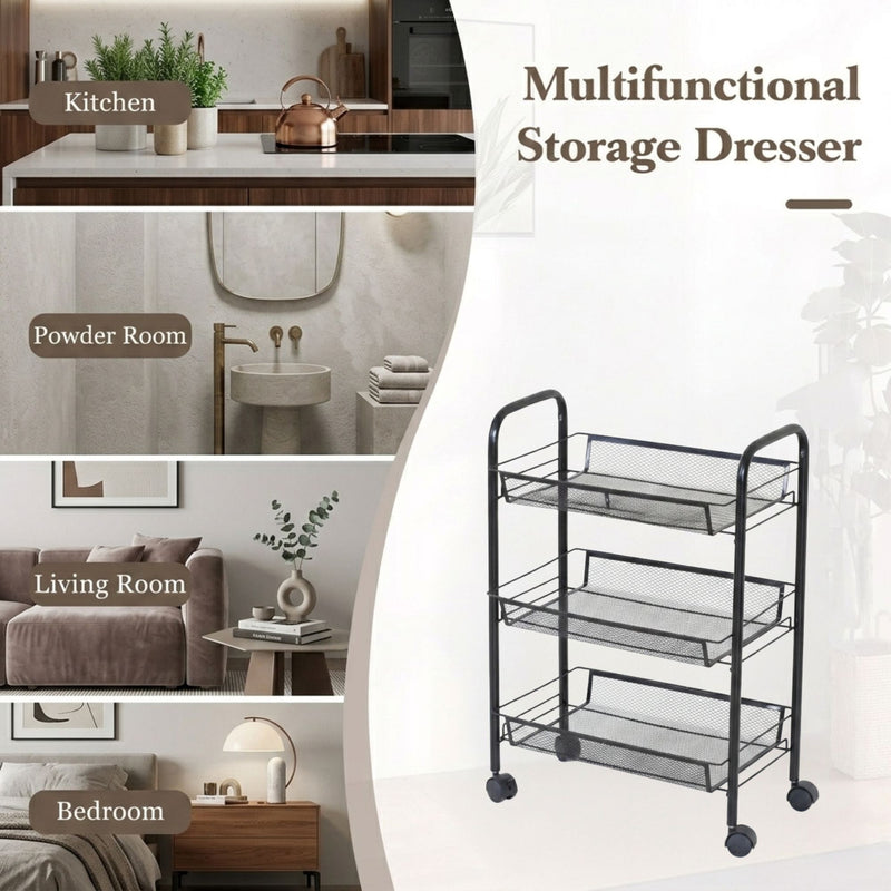 3 Tier Rolling Kitchen Trolley Cart, Metal Mesh, Black - size and scale view