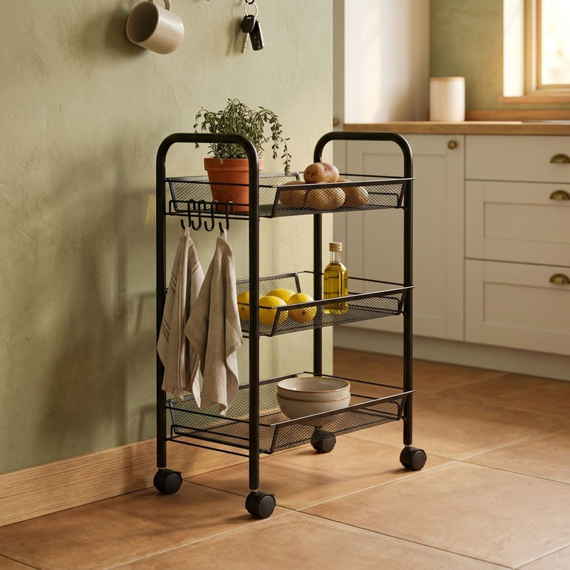 3 Tier Rolling Kitchen Trolley Cart, Metal Mesh, Black - additional product view