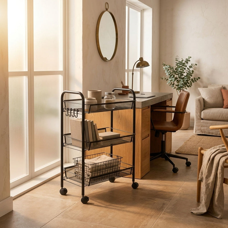 3-Tier Rolling Kitchen Trolley Cart with Mesh Baskets