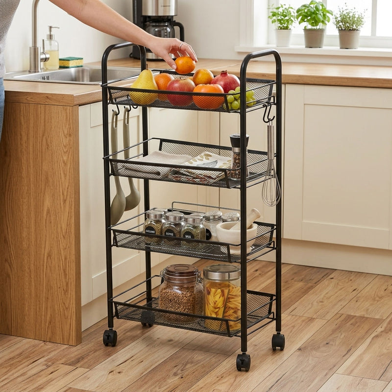 4 Tier Rolling Kitchen Trolley Cart, Metal Mesh, Black - alternate angle