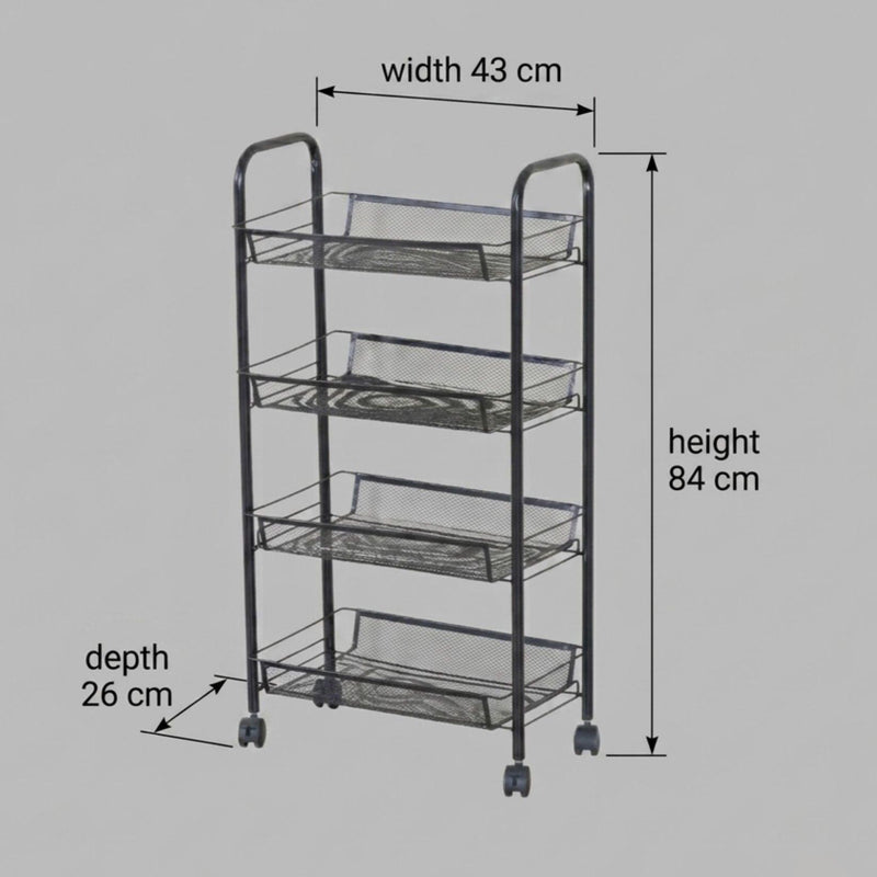 4 Tier Rolling Kitchen Trolley Cart, Metal Mesh, Black - detail view