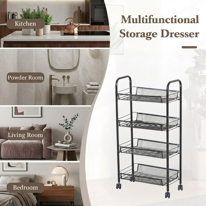 4 Tier Rolling Kitchen Trolley Cart, Metal Mesh, Black - size and scale view