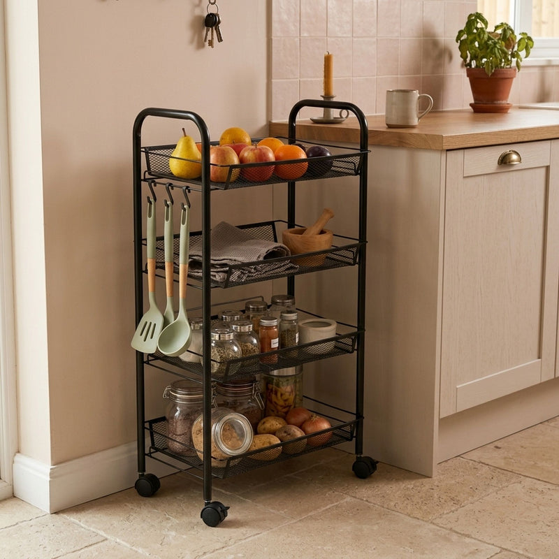 4 Tier Rolling Kitchen Trolley Cart, Metal Mesh, Black - additional product view