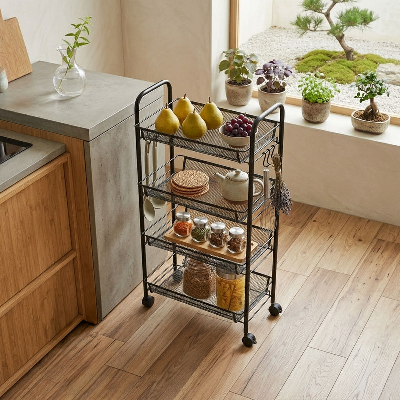 4-Tier Rolling Kitchen Trolley Cart with Mesh Baskets