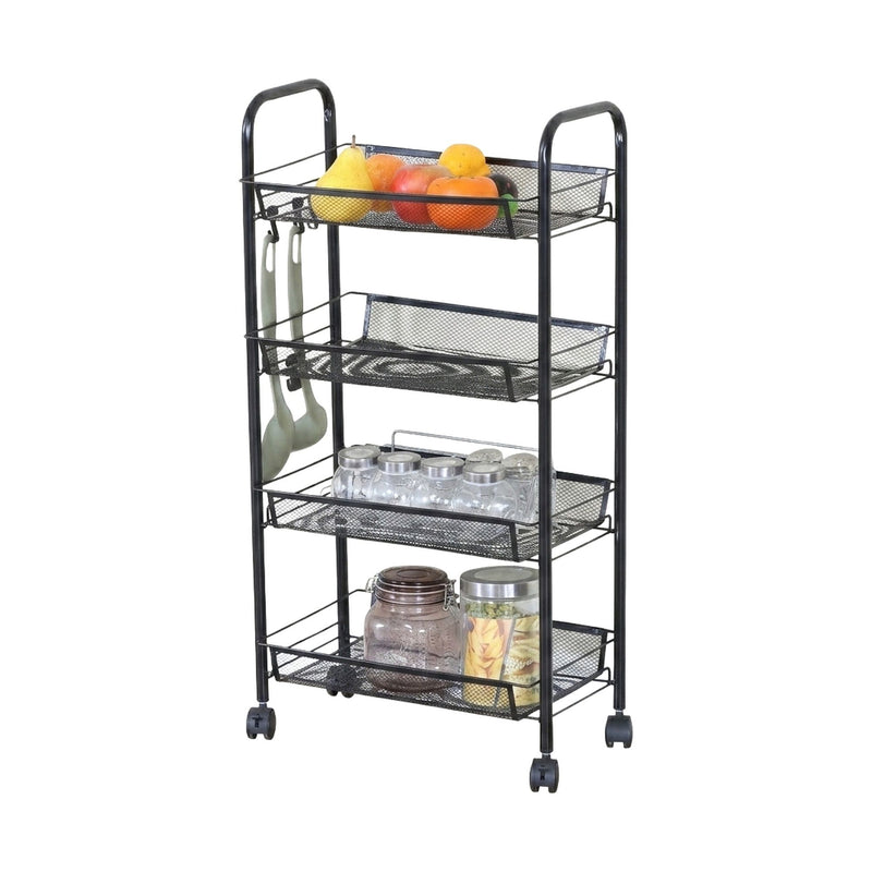 4 Tier Rolling Kitchen Trolley Cart, Metal Mesh, Black - main product image