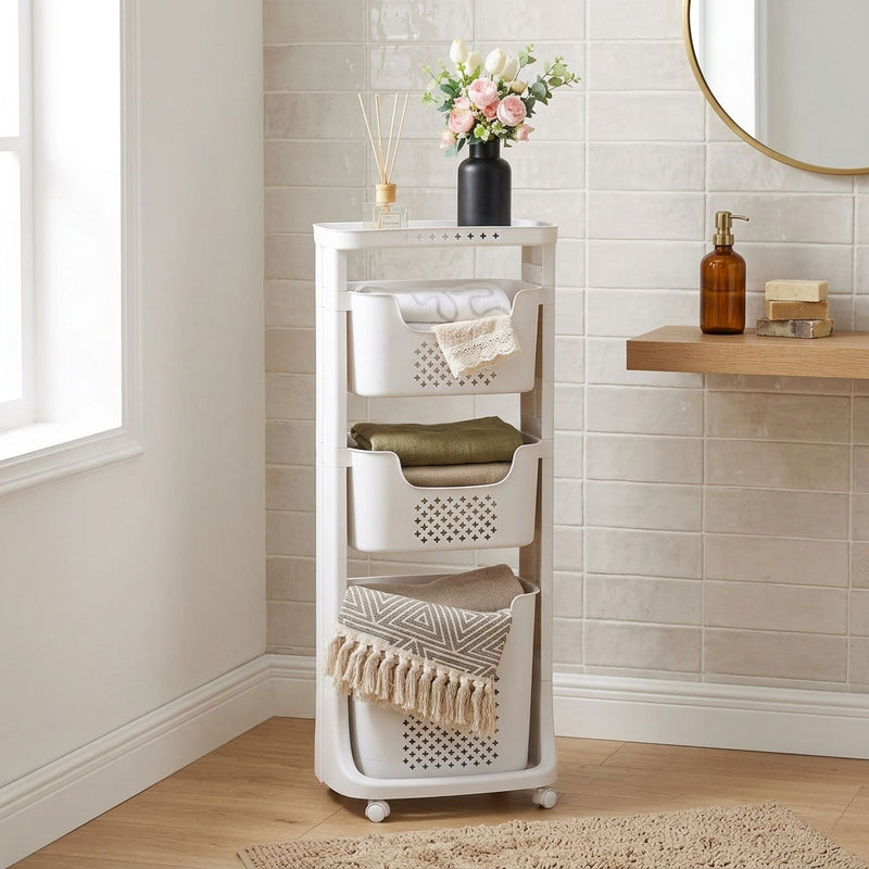 3 Tier Rolling Laundry Basket with Wheels, White, Basic - alternate angle