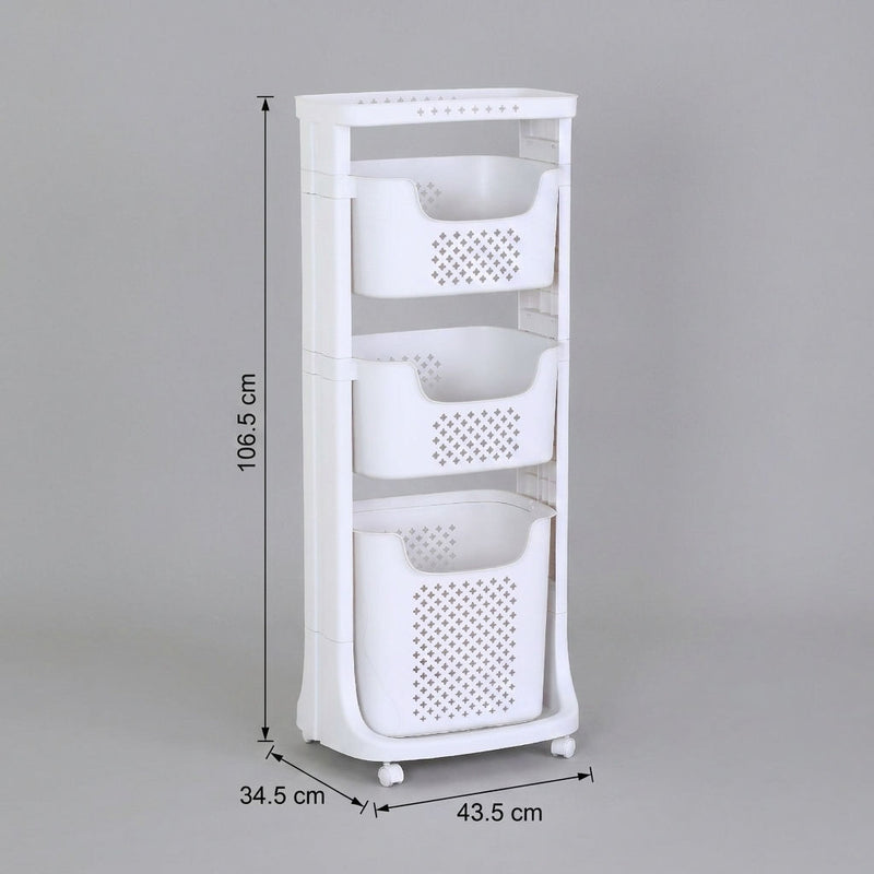 3 Tier Rolling Laundry Basket with Wheels, White, Basic - detail view