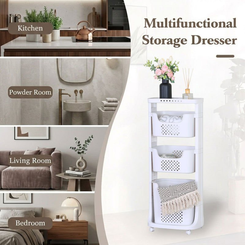 3 Tier Rolling Laundry Basket with Wheels, White, Basic - size and scale view