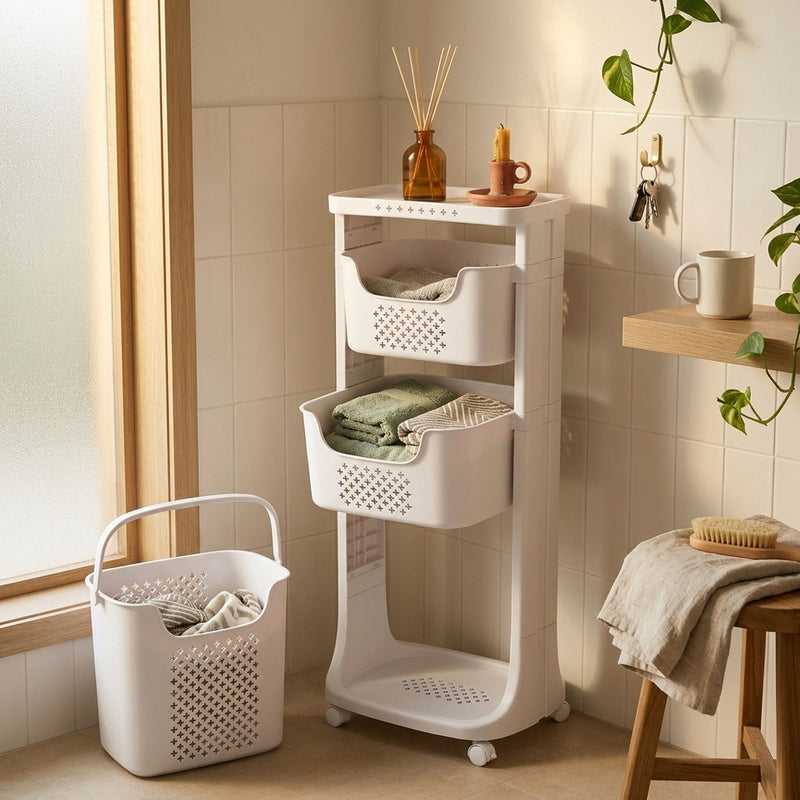 3 Tier Rolling Laundry Basket with Wheels, White, Basic - additional product view