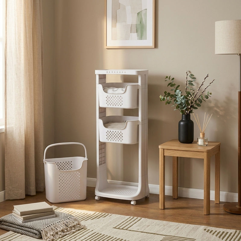 3-Tier Rolling Laundry Basket with Wheels White