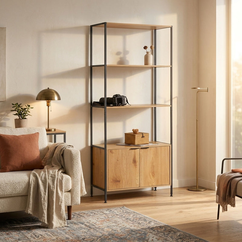 Bookcase with Cabinet, 3 Shelf Display Storage, Brown - alternate angle
