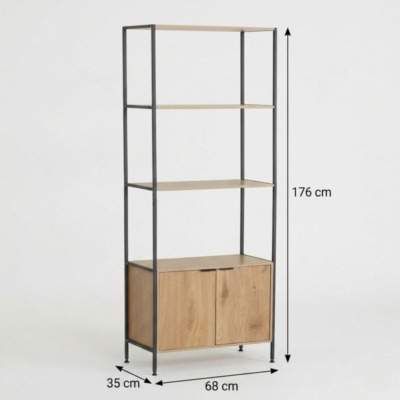 Bookcase with Cabinet, 3 Shelf Display Storage, Brown - detail view