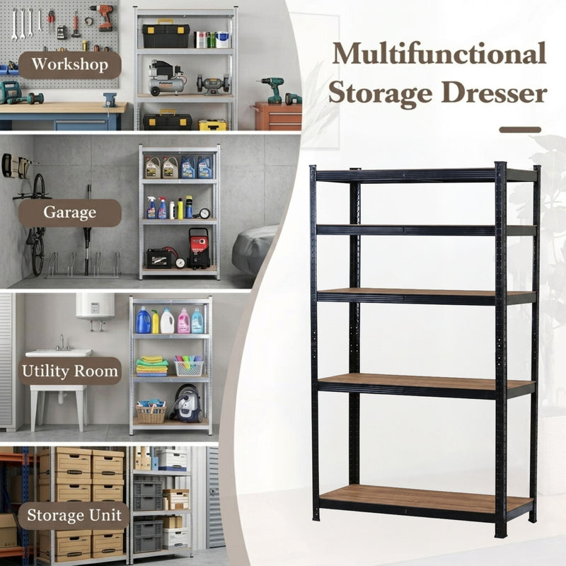 5 Tier Heavy Duty Steel Shelving Unit, Black, 180cm - size and scale view