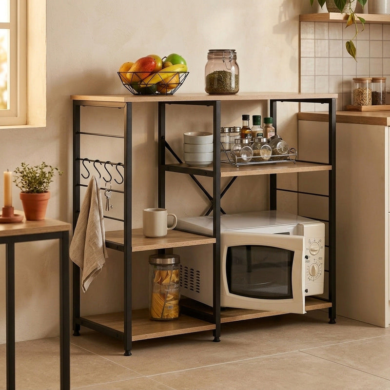 Kitchen Baker's Rack 4 Tier, Metal Shelf with Hooks, Brown - alternate angle
