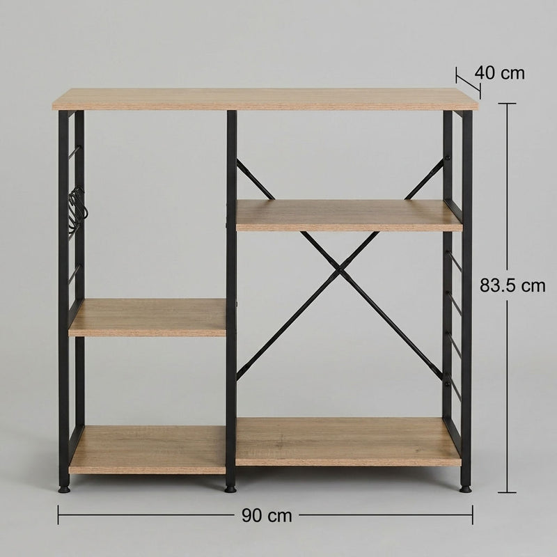 Kitchen Baker's Rack 4 Tier, Metal Shelf with Hooks, Brown - detail view