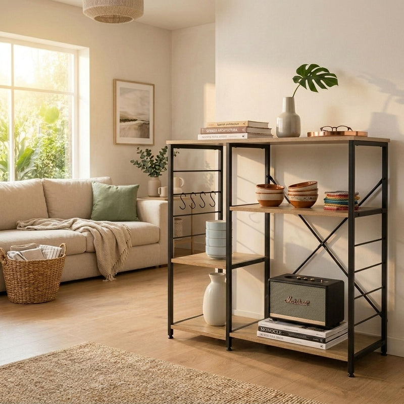 Kitchen Baker's Rack 4 Tier, Metal Shelf with Hooks, Brown - additional product view