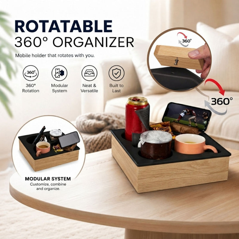 Wooden Couch Cup Holder Tray for Living Room, Natural - size and scale view