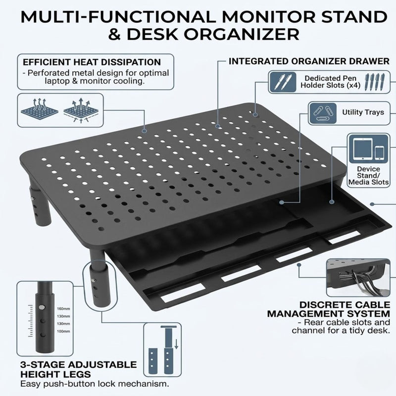 Metal Monitor Stand Riser with Drawer and Phone Slot, Black - detail view