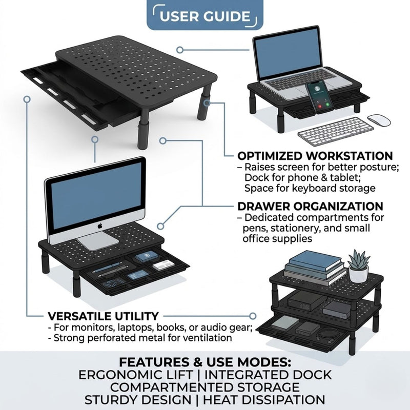 Metal Monitor Stand Riser with Drawer and Phone Slot