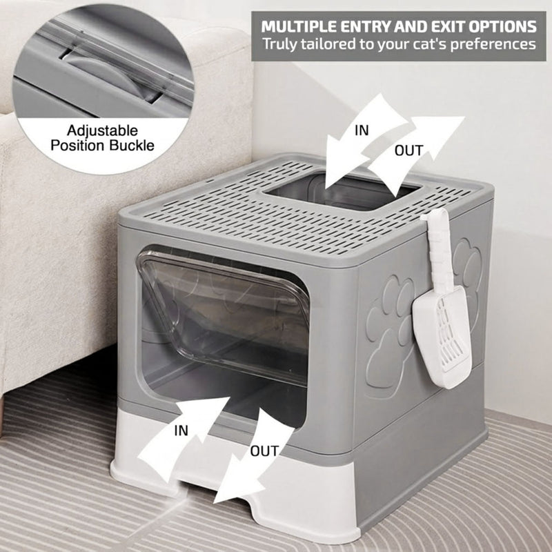 Foldable Enclosed Cat Litter Box with Scoop Grey
