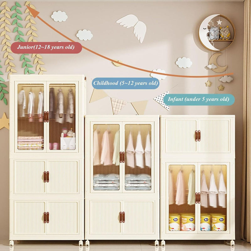 3 Tier Foldable Wardrobe Storage Cabinet with Wheels, White - additional product view
