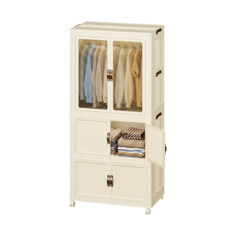 3 Tier Foldable Wardrobe Storage Cabinet with Wheels, White - main product image