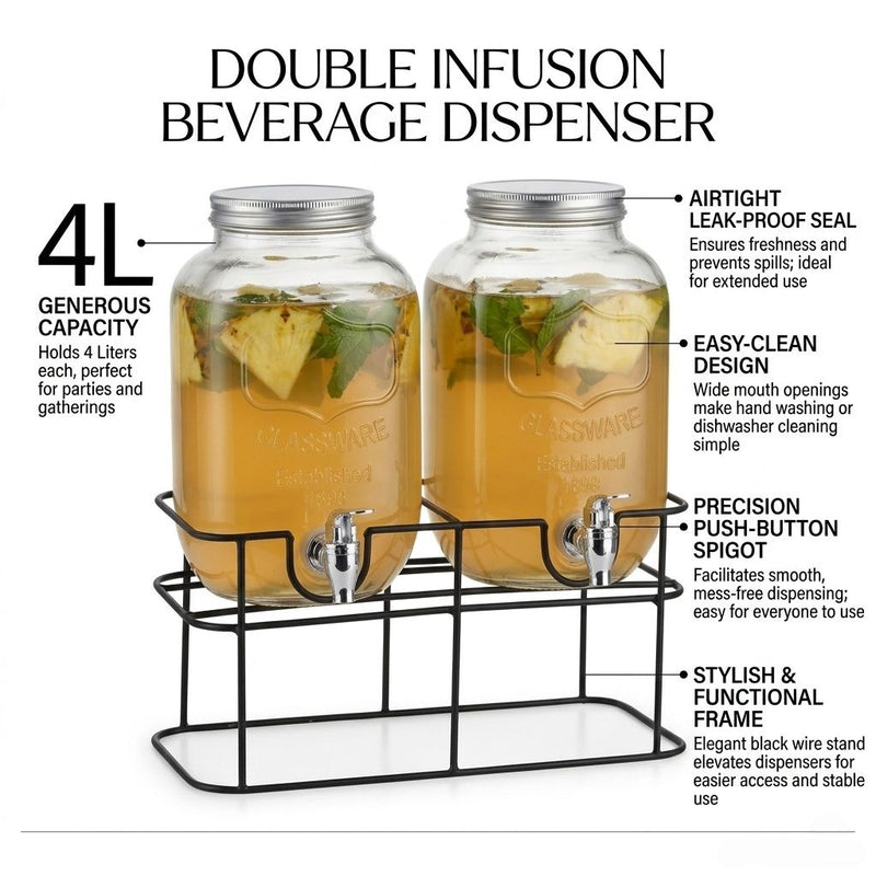 2 Pack Glass Drink Dispensers with Stand 8L, Transparent - detail view