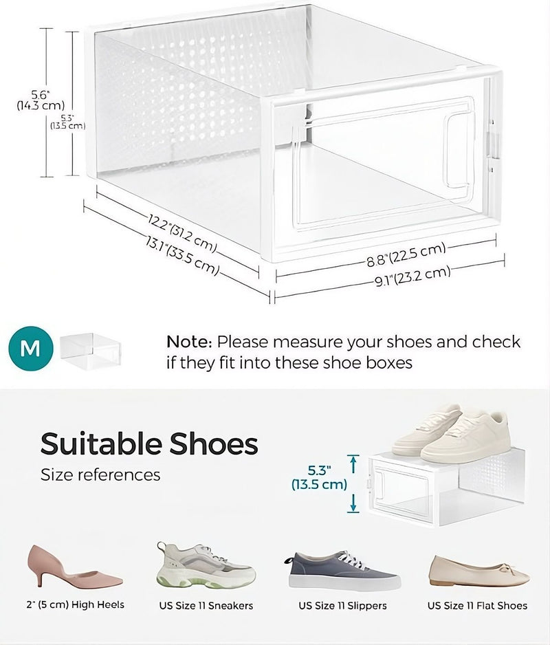 18-Pack Shoe Storage Boxes, Clear Stackable, White - detail view