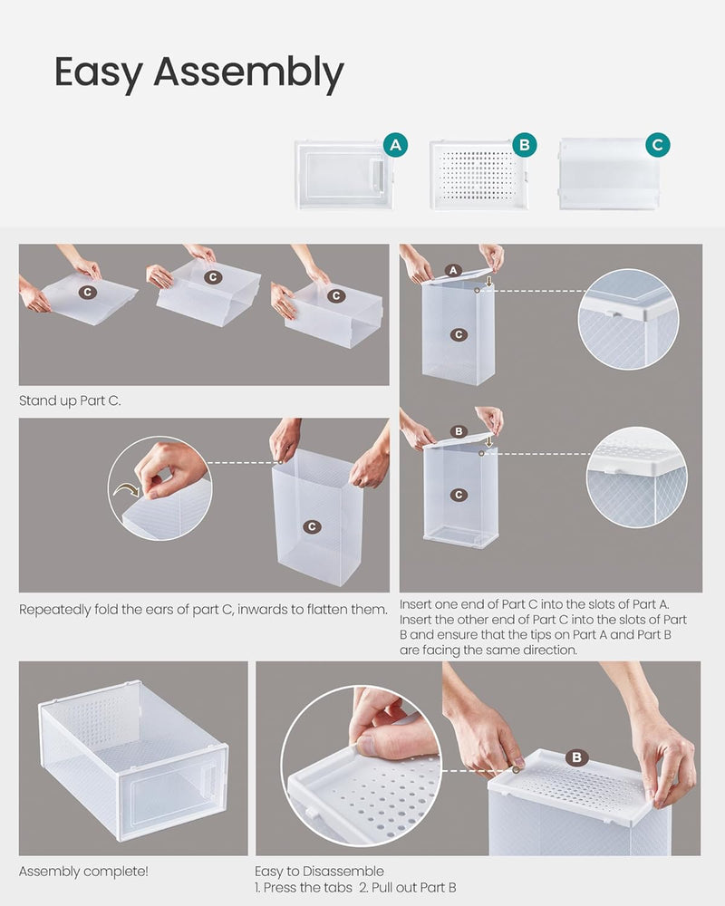 18-Pack Shoe Storage Boxes, Clear Stackable, White - size and scale view
