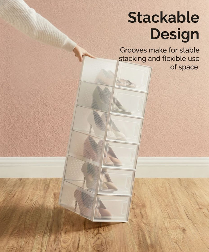 18 Pack Clear Stackable Shoe Storage Boxes - White