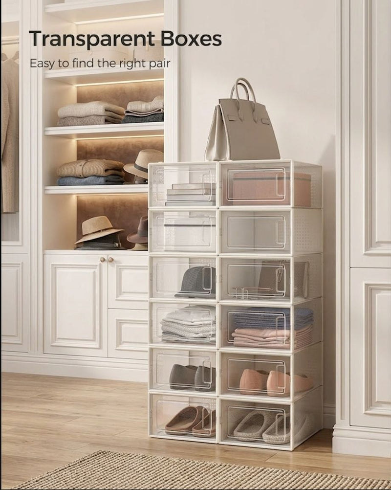 18 Pack Clear Stackable Shoe Storage Boxes - White