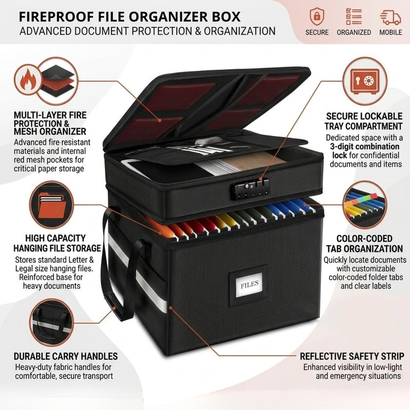 Fireproof Document Box with Lock for Office Storage, Black - detail view