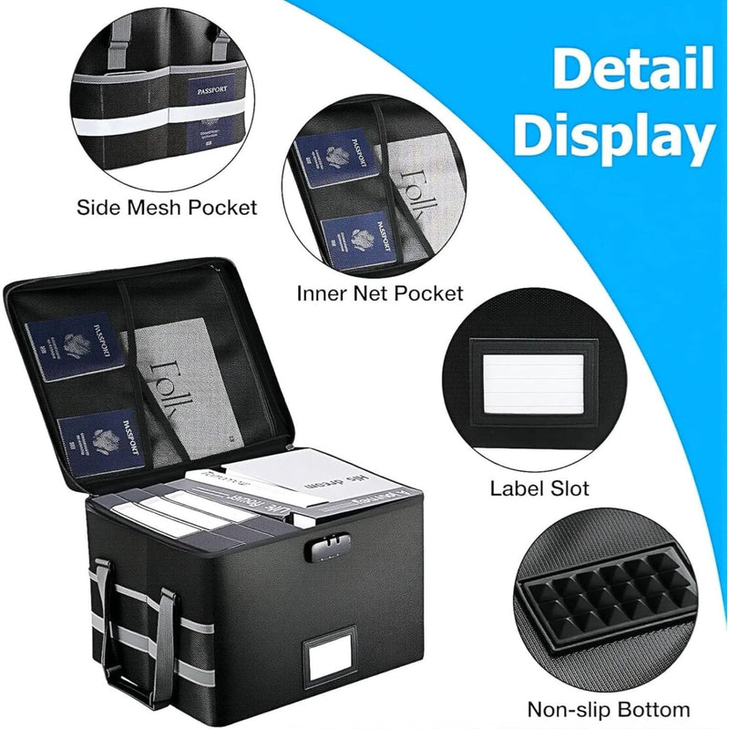 Fireproof Document Box with Lock Collapsible Black