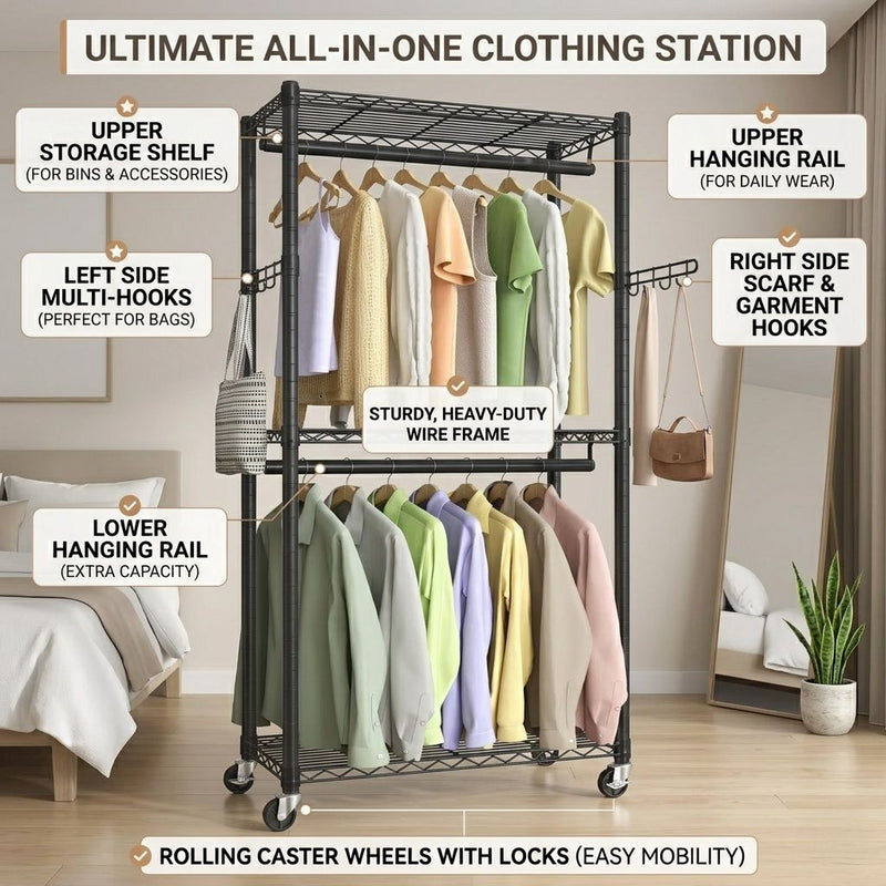 Double Rail Garment Rack with Shelves and Wheels, Black - detail view