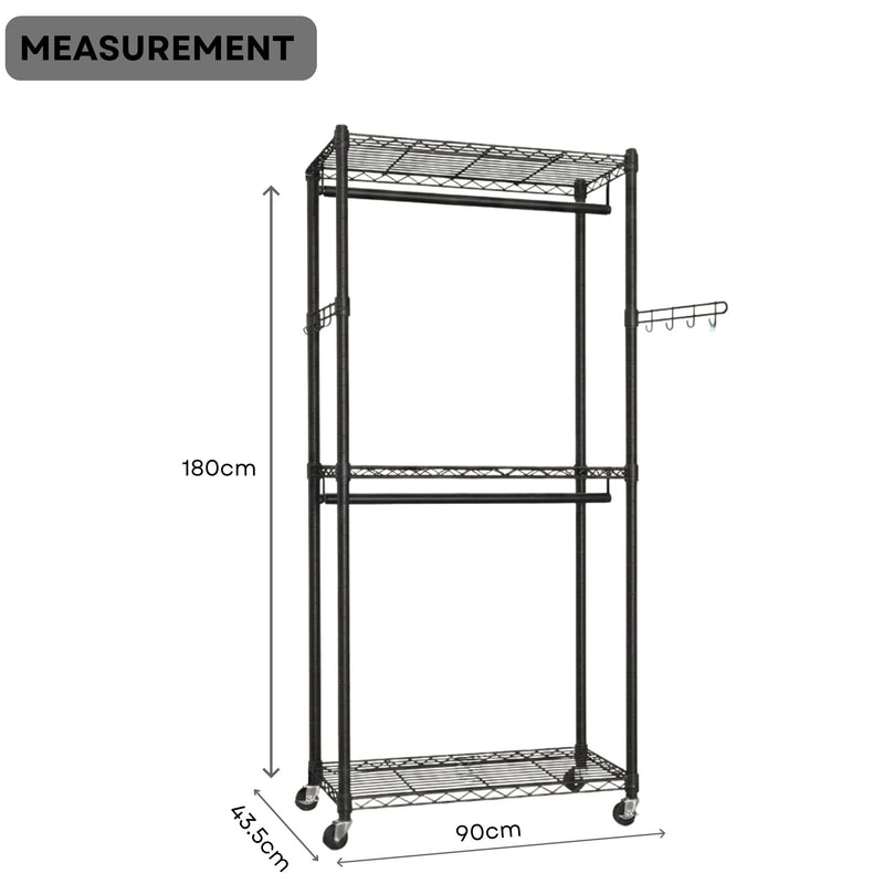 Double Rail Garment Rack with Shelves and Wheels, Black - size and scale view