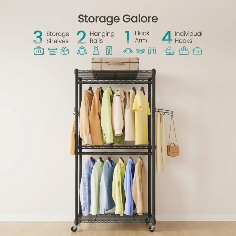 Double Rail Garment Rack with Shelves and Wheels, Black - additional product view