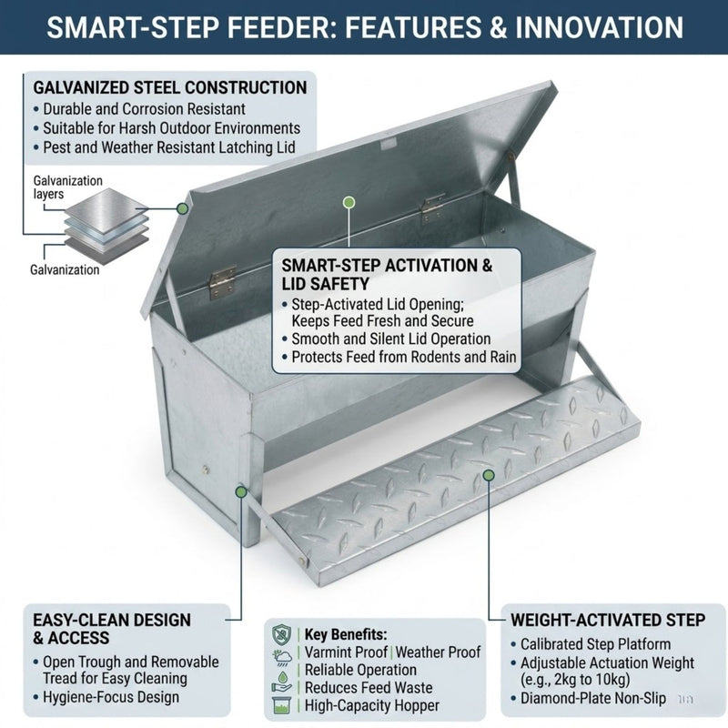 Automatic Treadle Chicken Feeder Galvanized Steel Grey - detail view