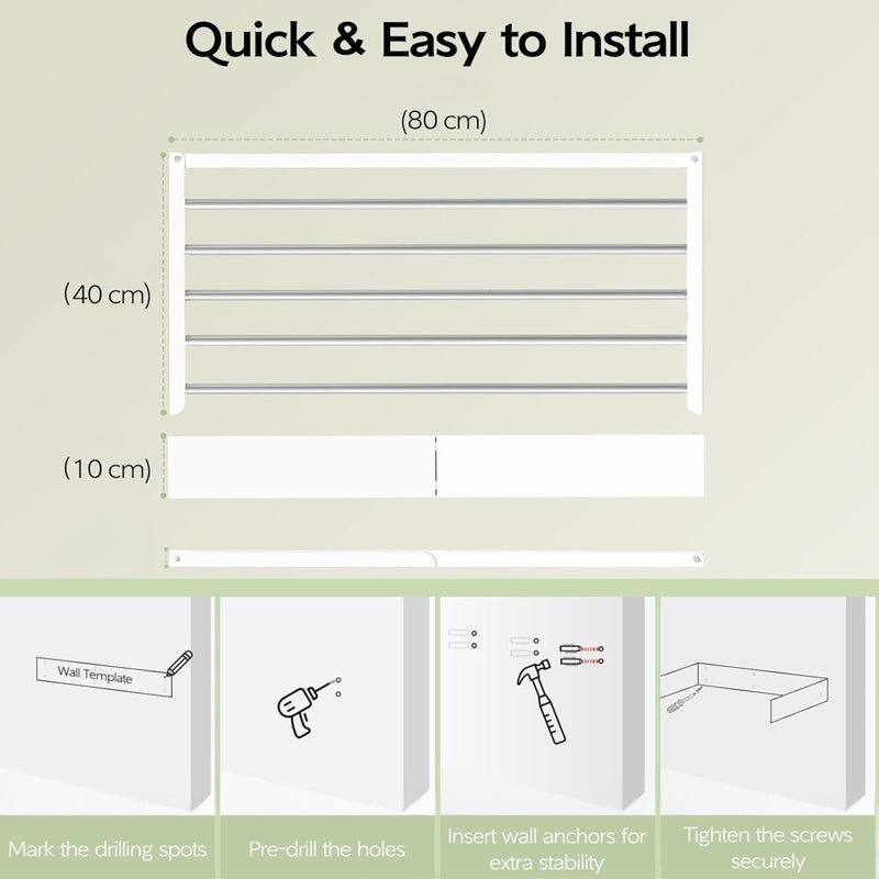 Wall Mounted Clothes Drying Rack - Foldable and Space-Saving - White - size and scale view